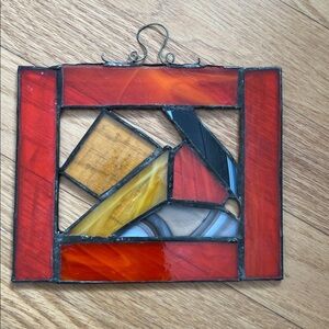 5.5"x6.5" Stanley Red and Blue Geometric Glass Art GUC